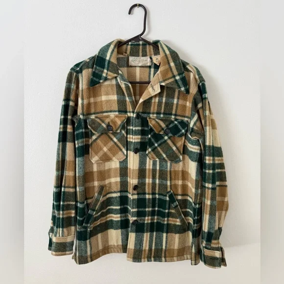 Vintage 60’s Men’s M L.L. Bean Wool Plaid Shirt Jacket Freeport Maine Tan Green - Picture 2 of 16